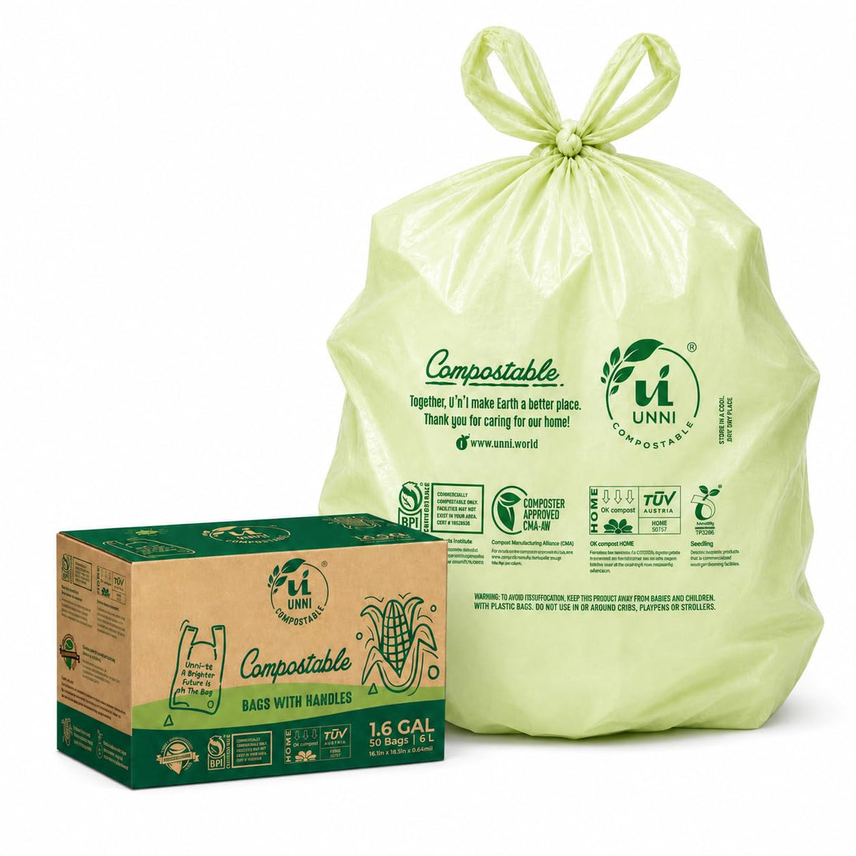 1.6 Gallon Compostable Bags with Easy-Tie Handles, 50 Count Y184