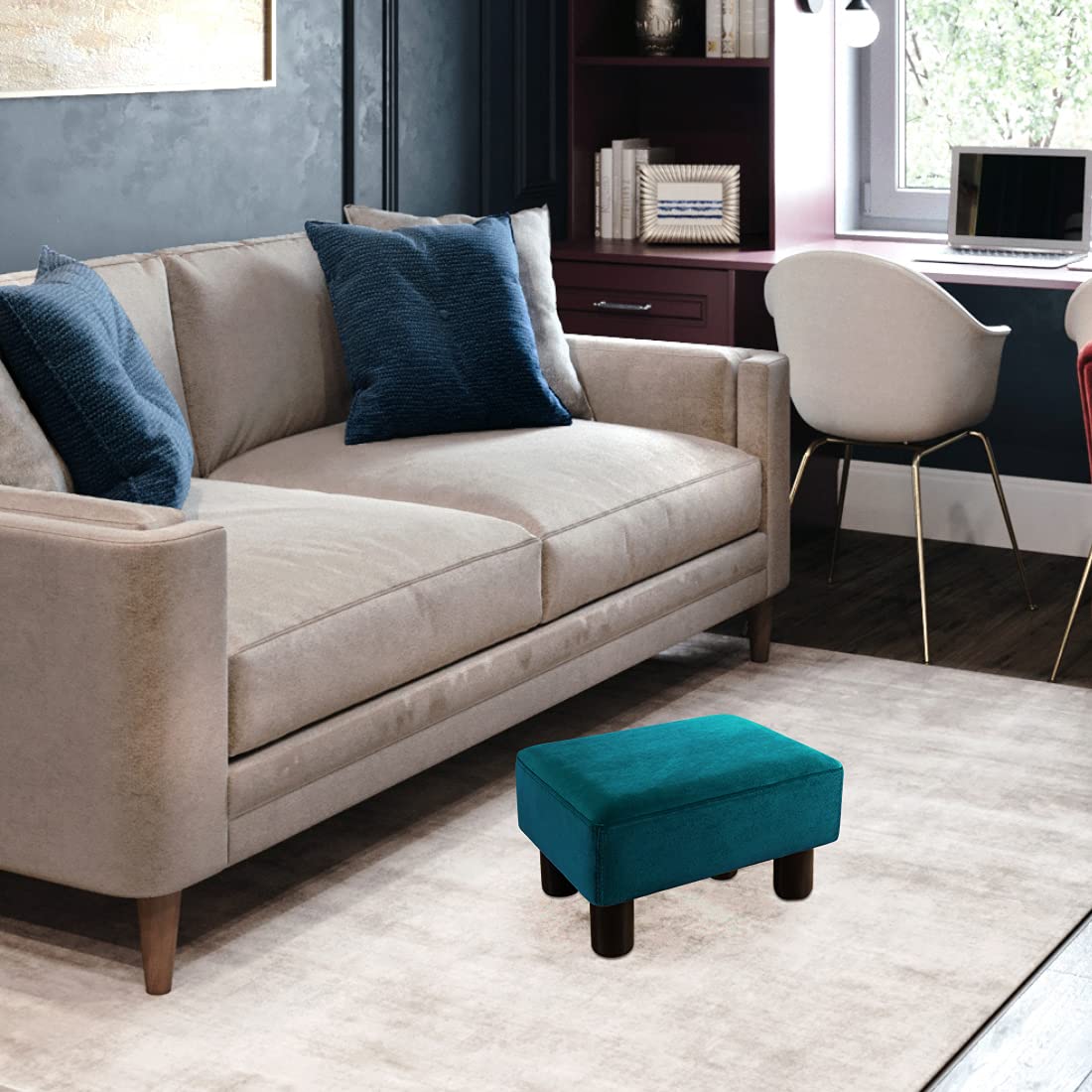 Small Teal Velvet Rectangle Foot Stool Ottoman F666