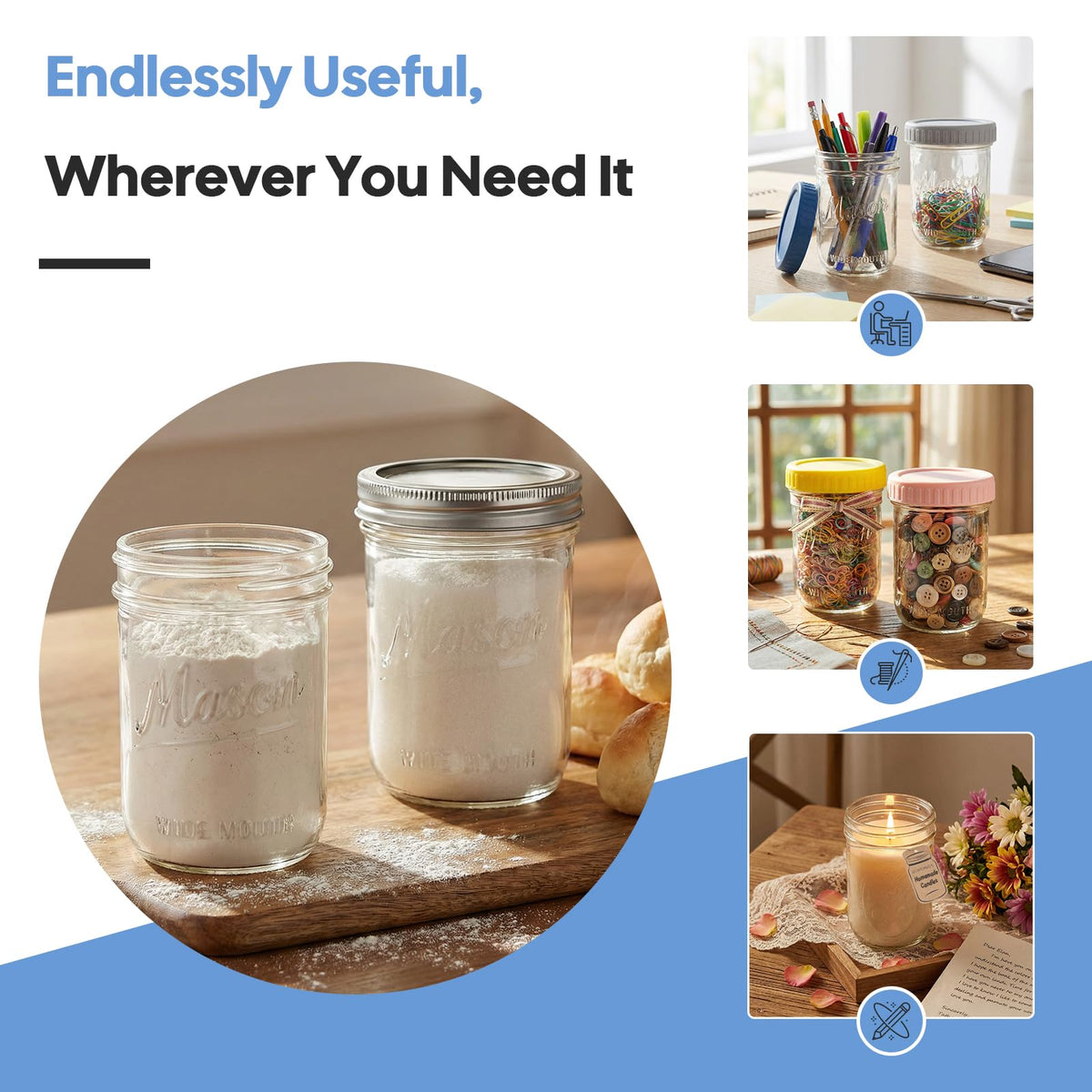 16oz 6-Pack Wide Mouth Glass Mason Jars with Airtight Lids U76419