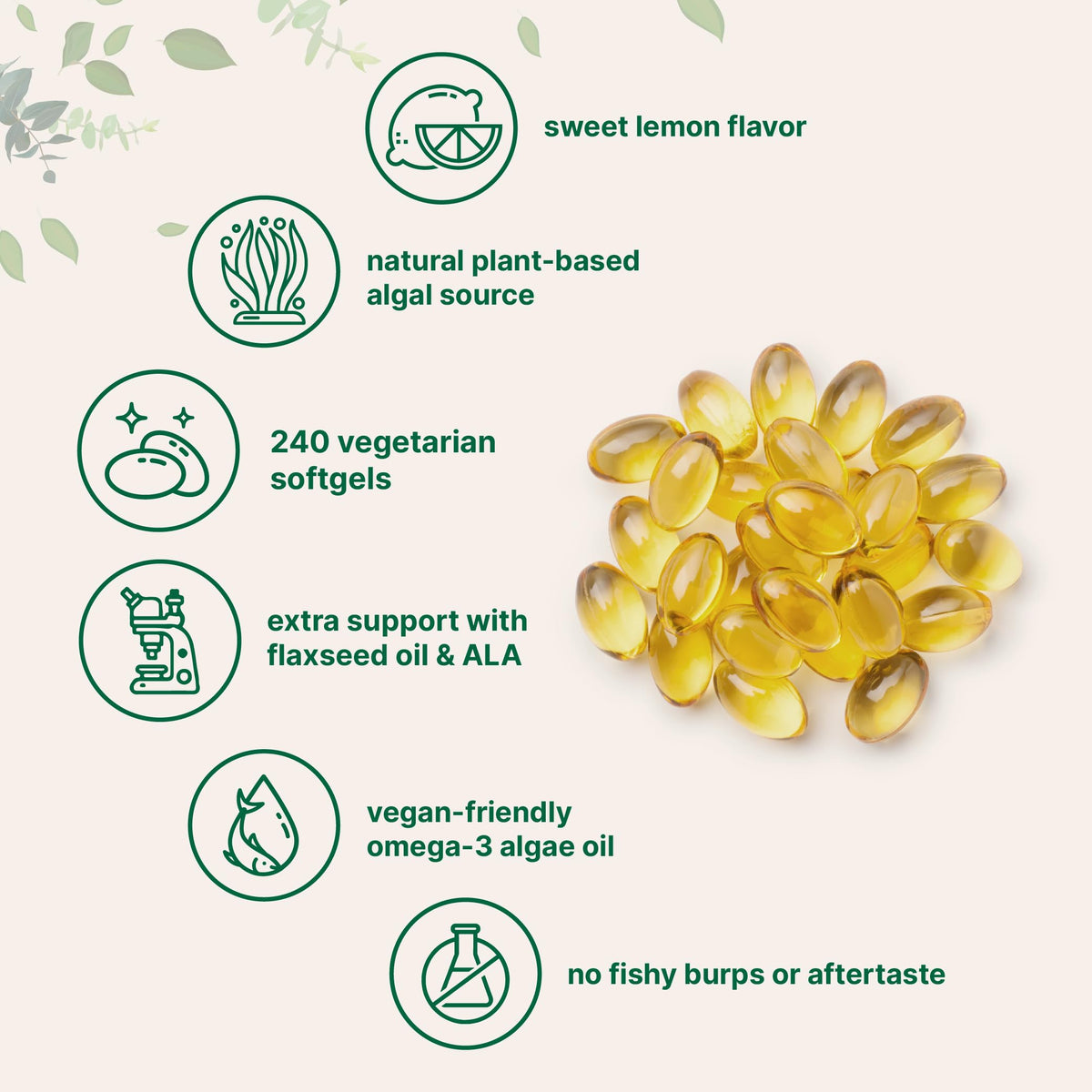 Vegan Omega 3 Algae Oil 240 Veggie Softgels DHA 500mg DPA 100mg Lemon Flavored Y20599