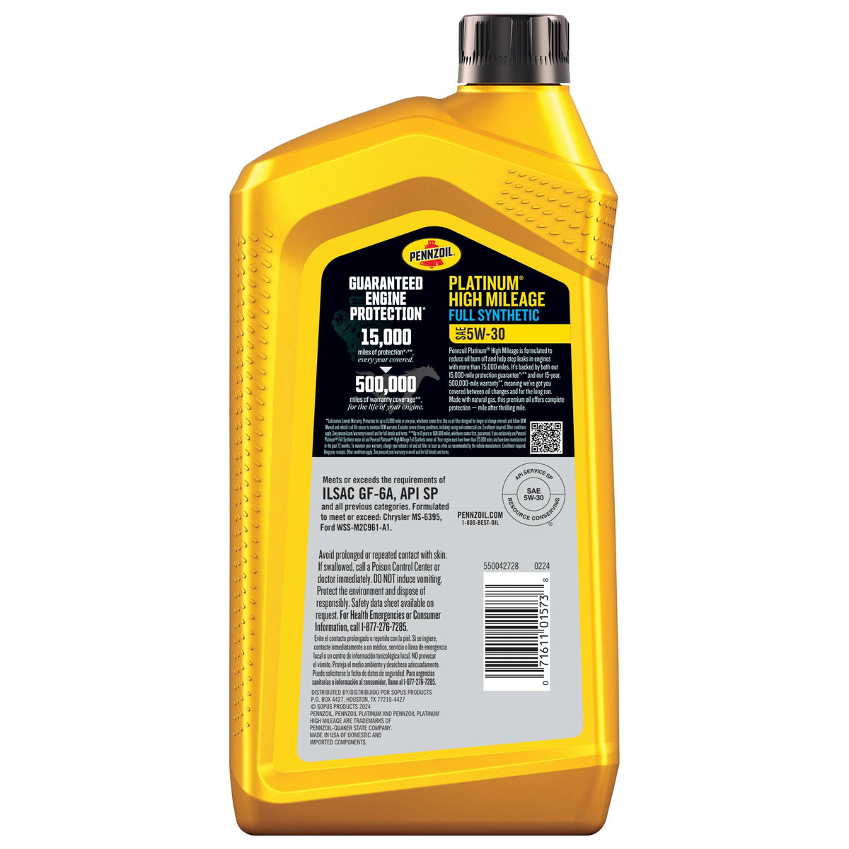 5W-30 Full Synthetic High Mileage Motor Oil, 1 Quart (6 Pack) J4023