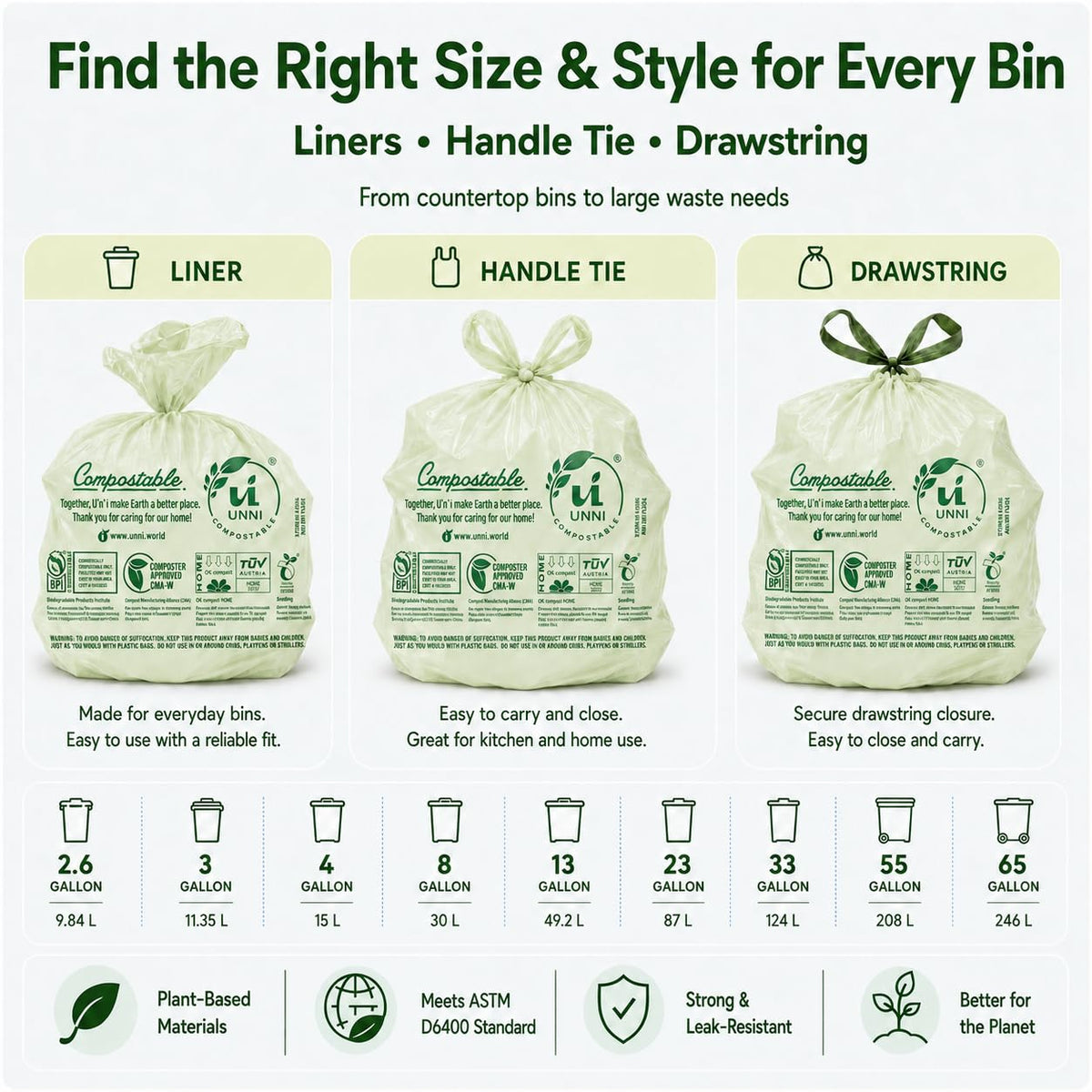 1.6 Gallon Compostable Bags with Easy-Tie Handles, 50 Count Y184