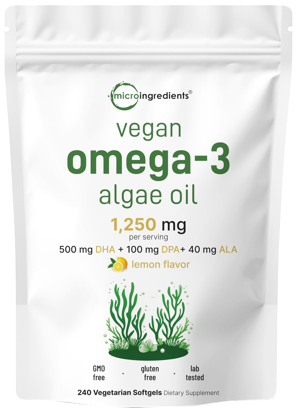 Vegan Omega 3 Algae Oil 240 Veggie Softgels DHA 500mg DPA 100mg Lemon Flavored Y20599