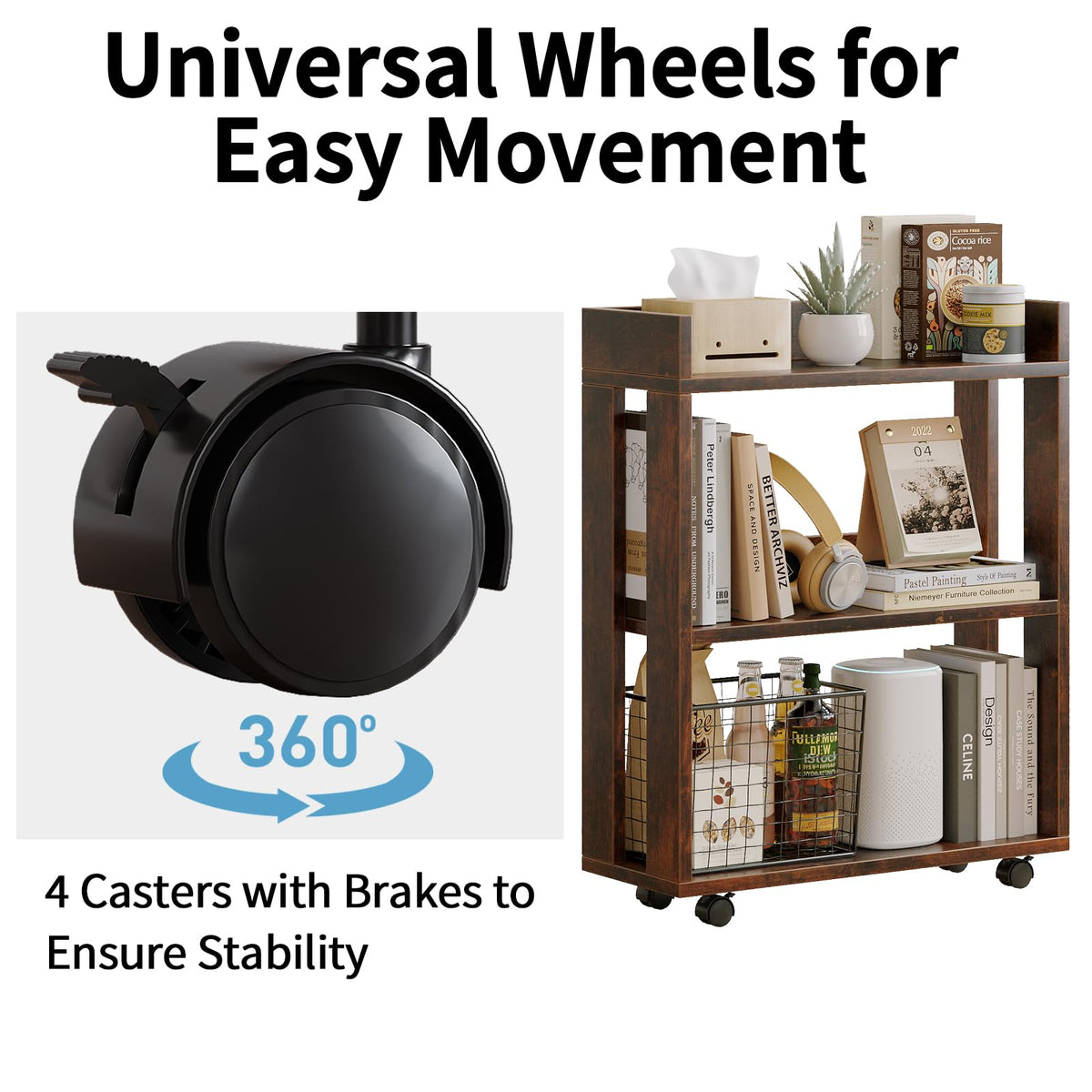 3-Tier Small Bookshelf with Wheels W718803