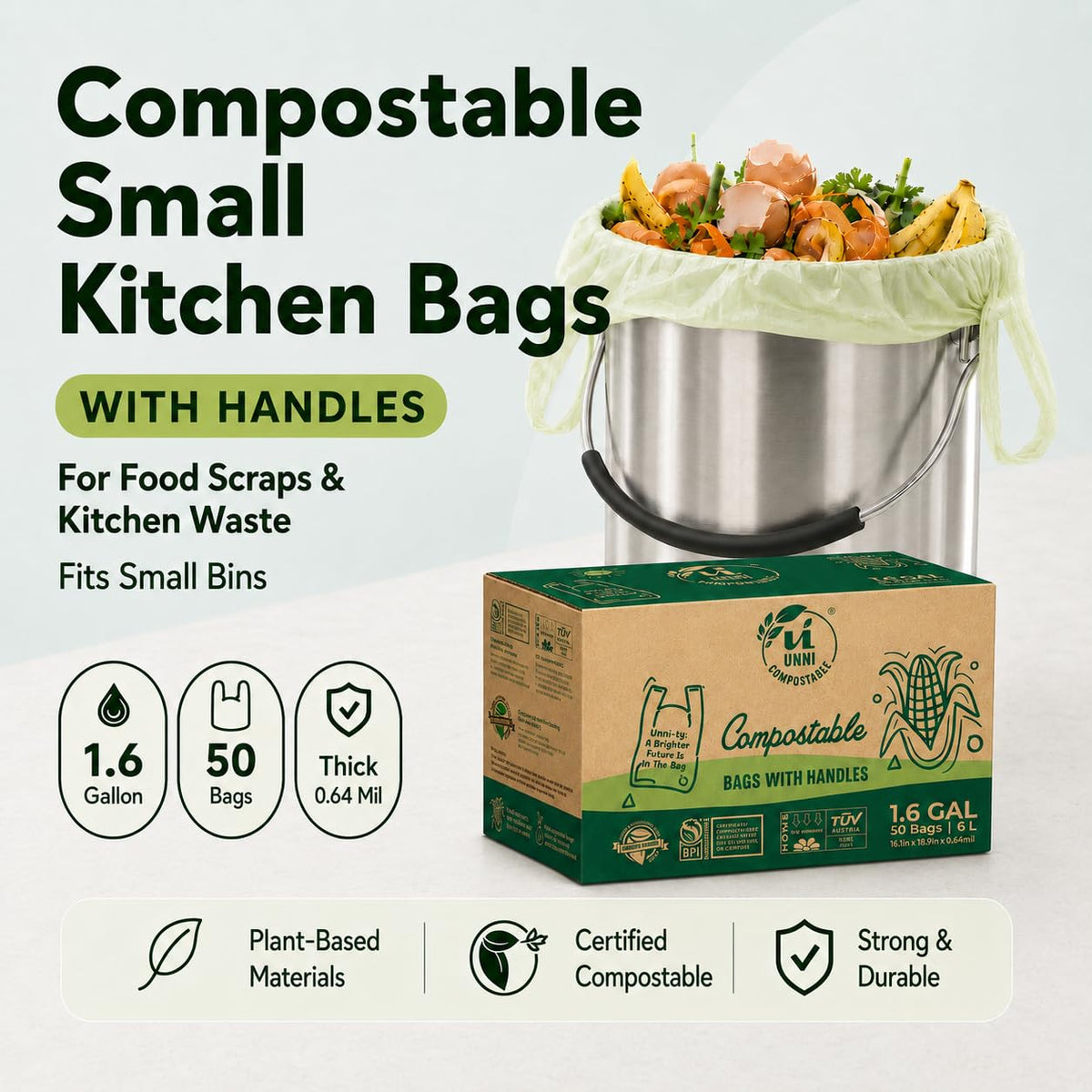 1.6 Gallon Compostable Bags with Easy-Tie Handles, 50 Count Y184