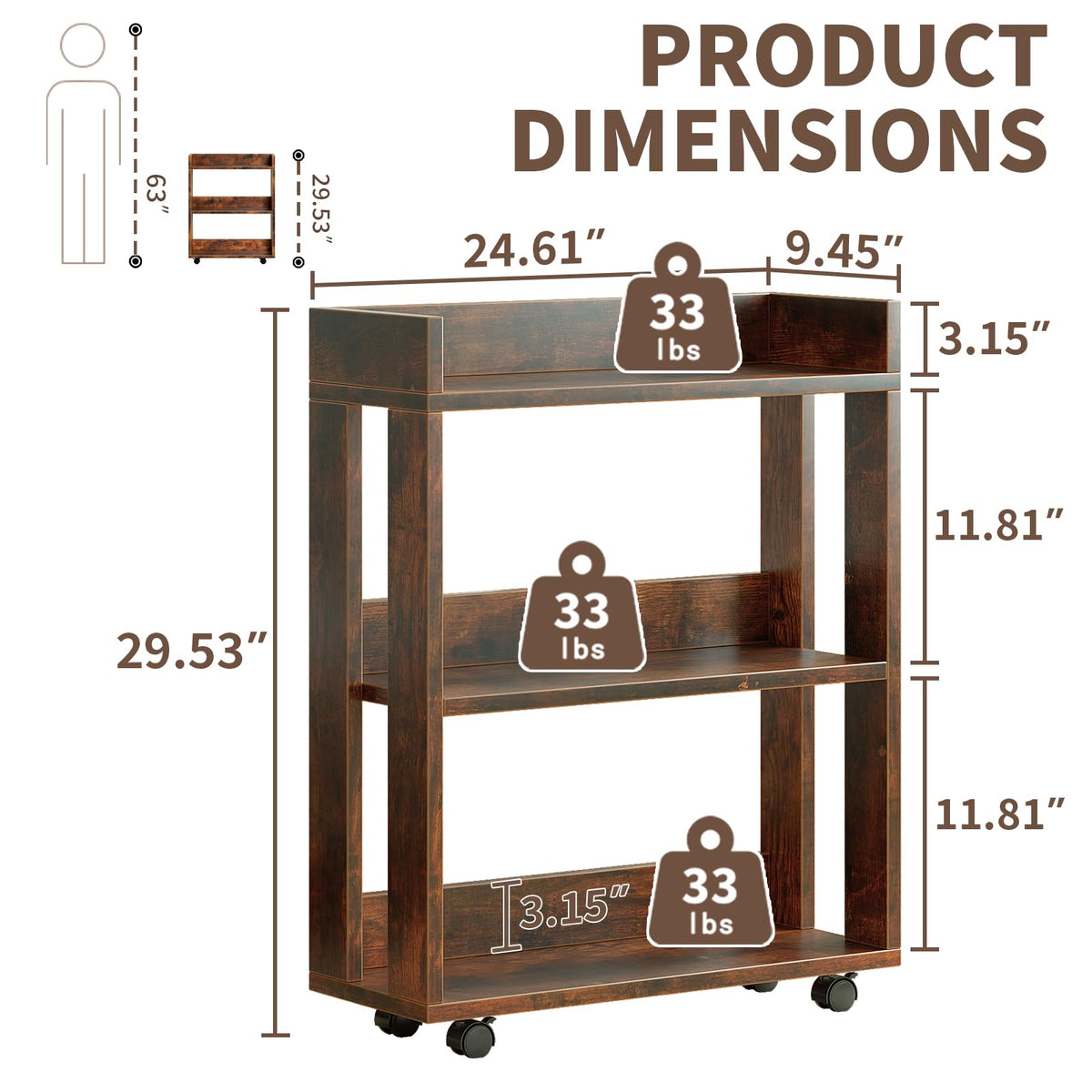 3-Tier Small Bookshelf with Wheels W718803