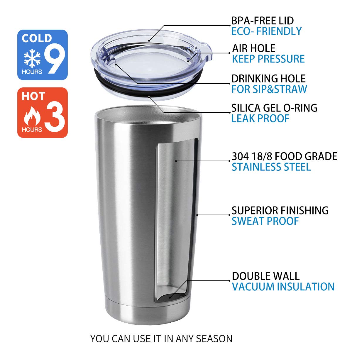 20oz Stainless Steel Insulated Tumblers with Lid Pack O70847