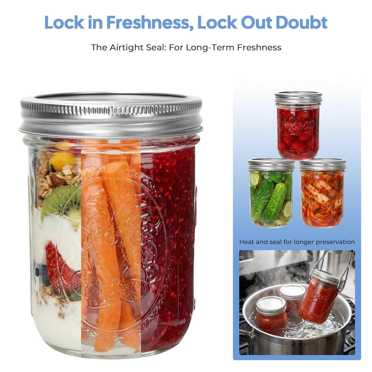 16oz 6-Pack Wide Mouth Glass Mason Jars with Airtight Lids U76419