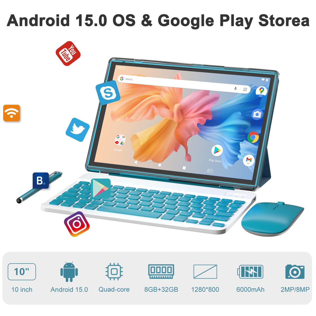10 inch Android Tablet with Keyboard Stylus 8GB RAM 32GB ROM S378