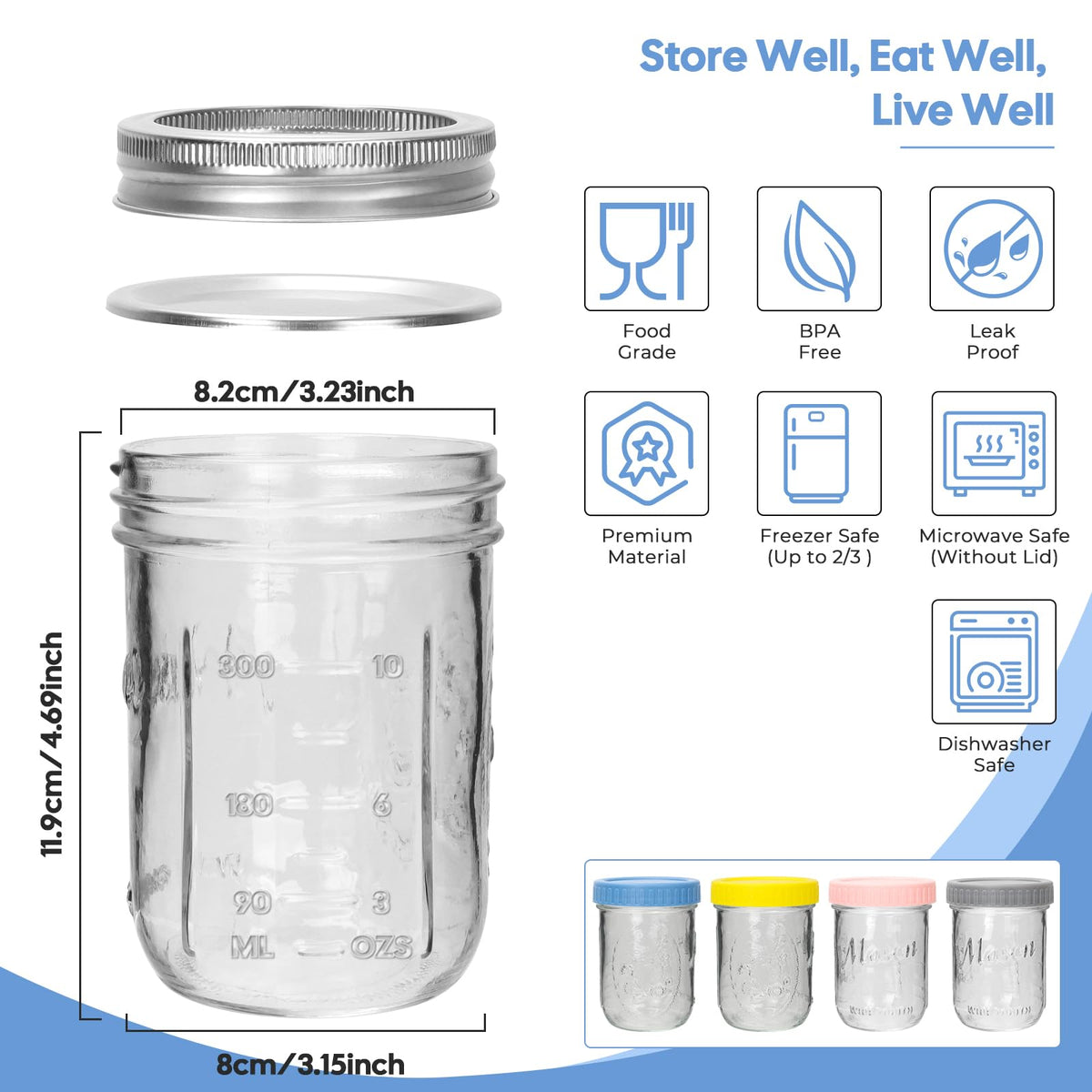 16oz 6-Pack Wide Mouth Glass Mason Jars with Airtight Lids U76419