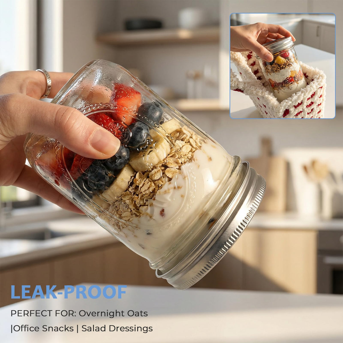 16oz 6-Pack Wide Mouth Glass Mason Jars with Airtight Lids U76419