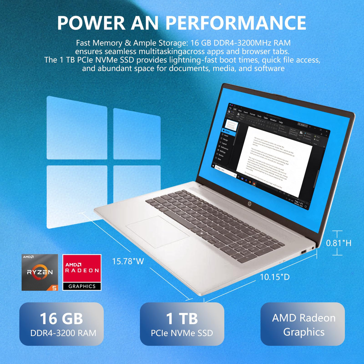 17.3" FHD Laptop, 16GB RAM, 512GB SSD, AMD Ryzen 5, Windows 11 Home, Silver Q678131