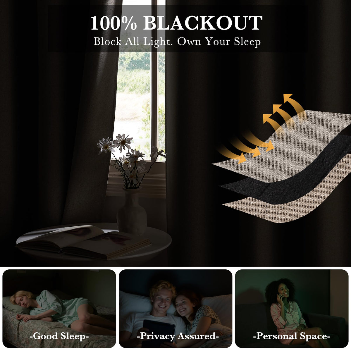 100% Blackout Linen Sliding Glass Door Curtains Y32321