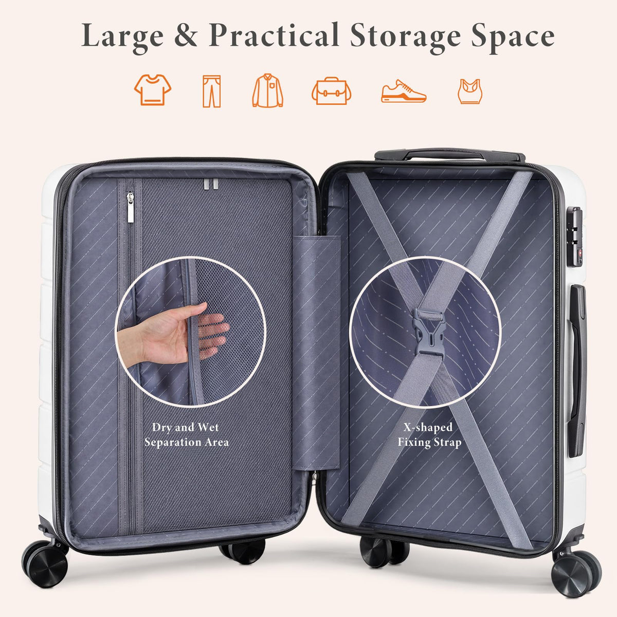 20 Inch White Hard Shell Carry on Luggage H240