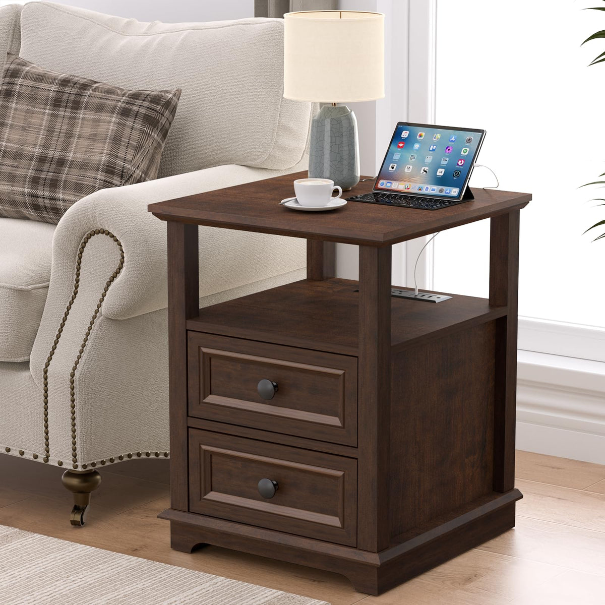 24" Tall End Table with Charging Station & 2 Drawers C9332