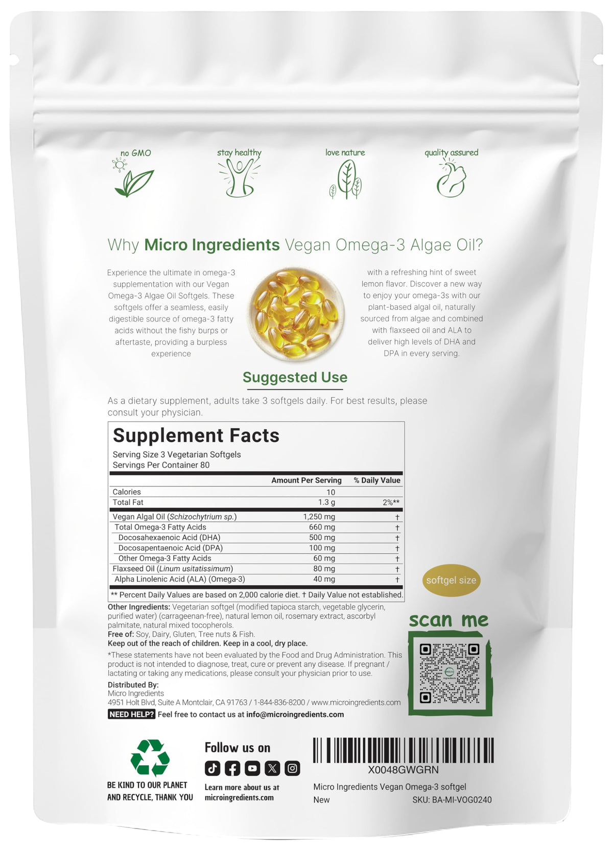 Vegan Omega 3 Algae Oil 240 Veggie Softgels DHA 500mg DPA 100mg Lemon Flavored Y20599