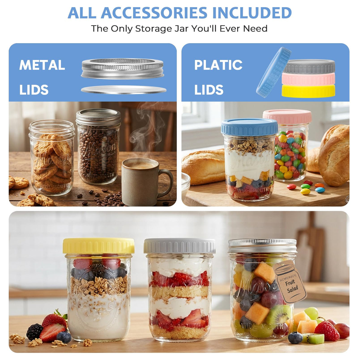 16oz 6-Pack Wide Mouth Glass Mason Jars with Airtight Lids U76419