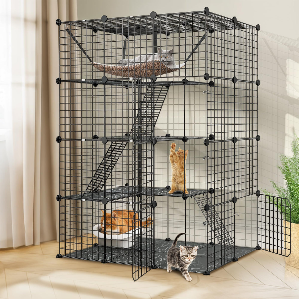 4-Tier Cat Cage Indoor Enclosure Metal Playpen with Hammock B97143